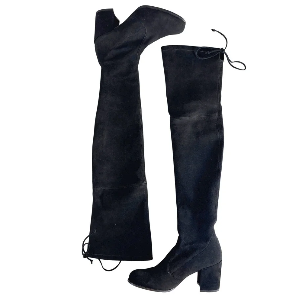 Stuart Weitzman Tieland Black Suede Over-The-Knee Block Heel Boots 7.5 M